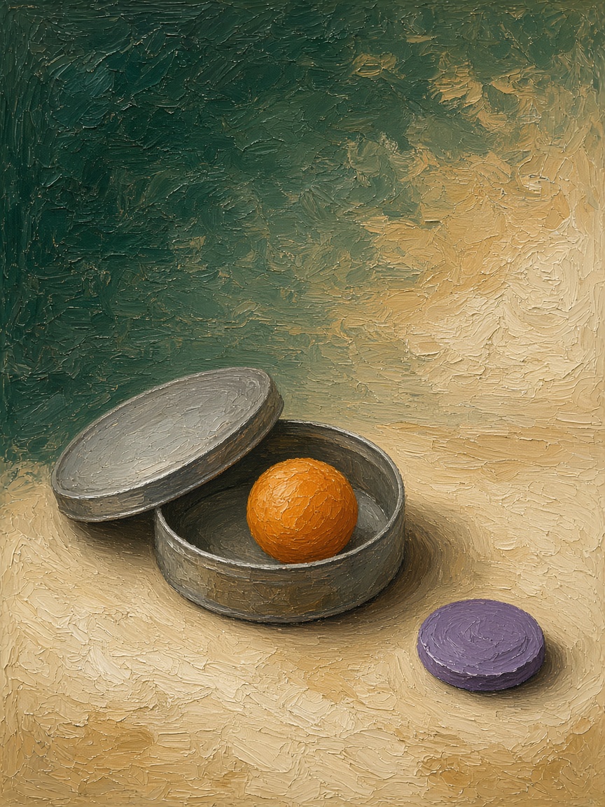 Oil study of an open tin, an orange marble, and a purple disk.